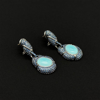 Vintage Art Deco Turquoise Dangle Earrings with Rhinestones, Copper
