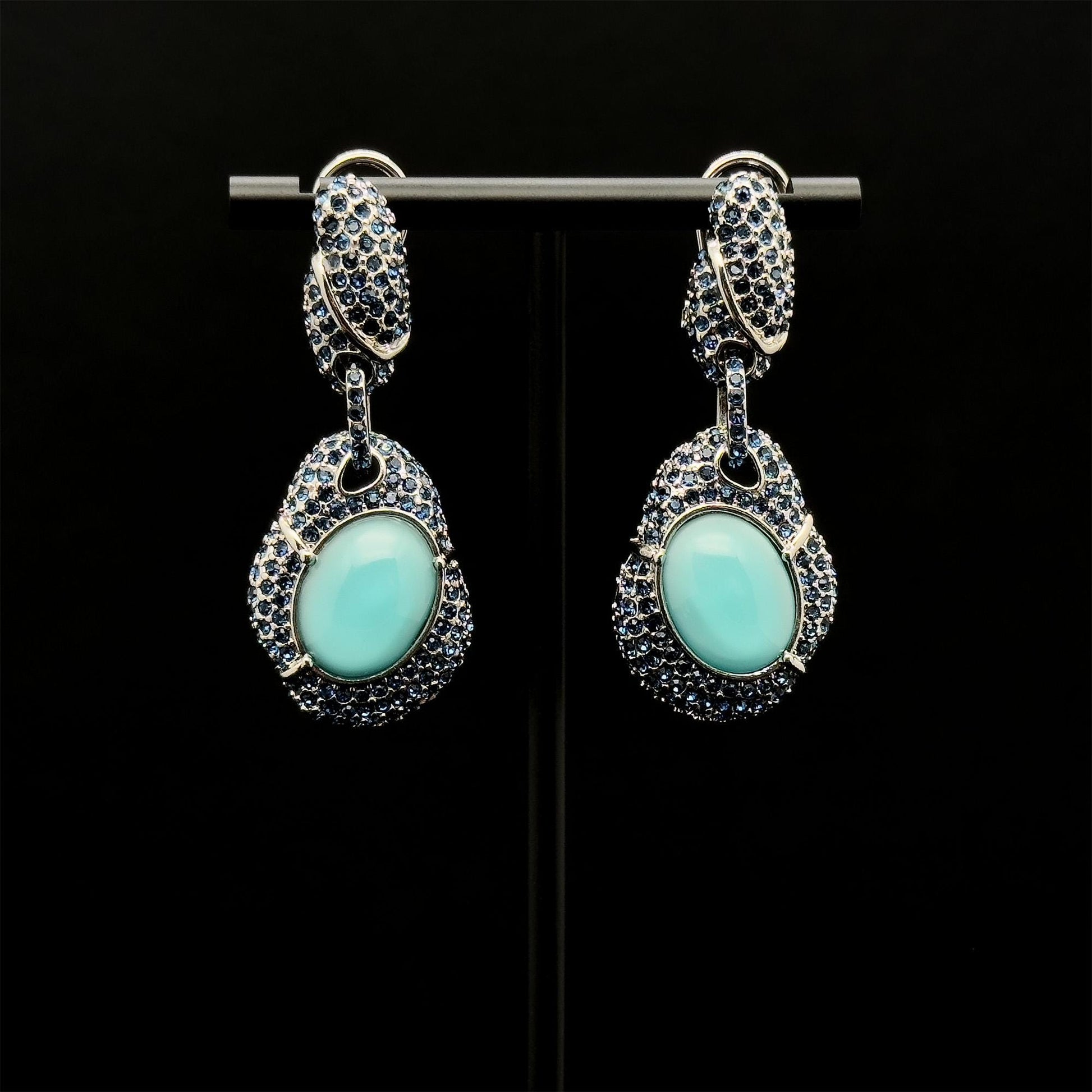 Vintage Art Deco Turquoise Dangle Earrings with Rhinestones, Copper