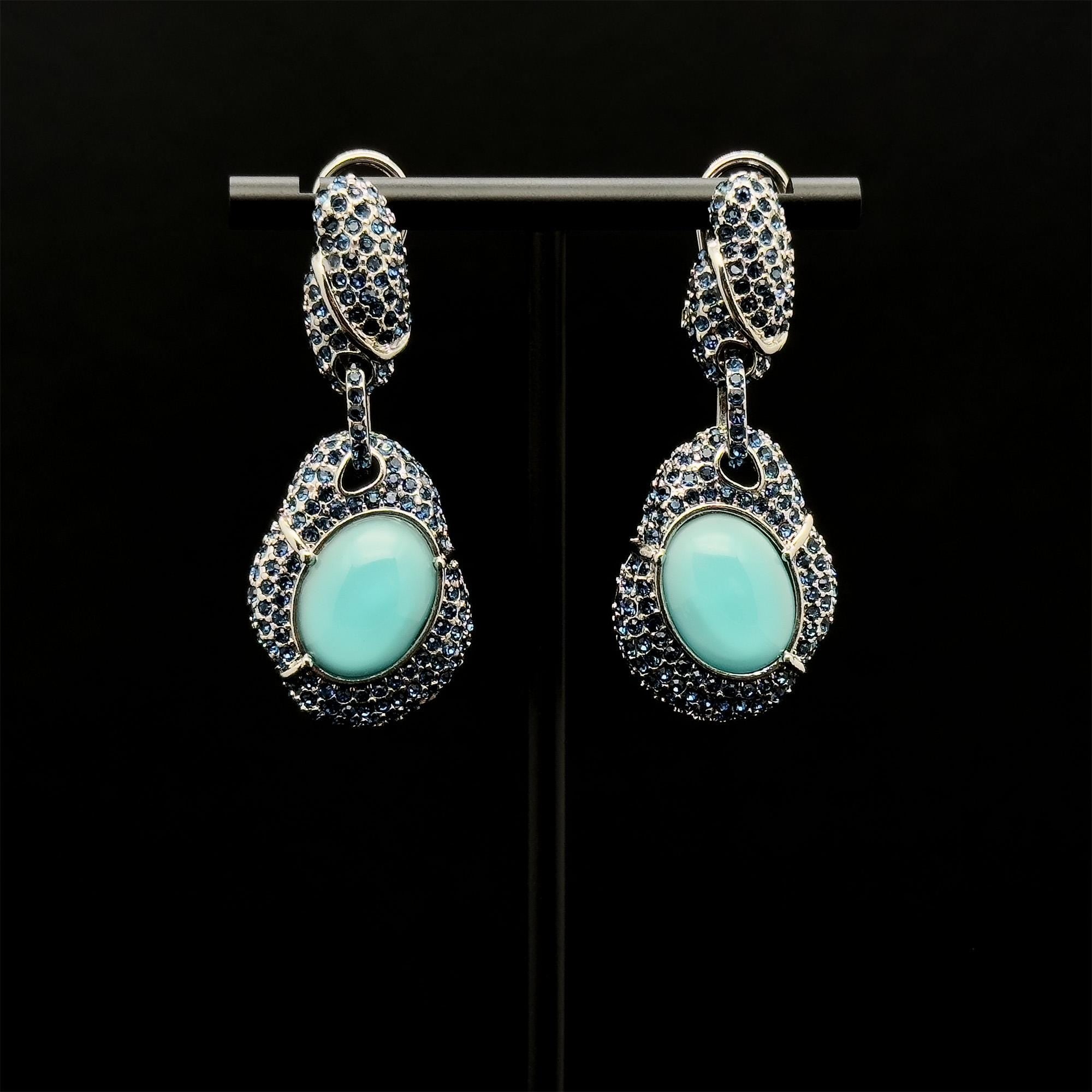 Vintage Art Deco Turquoise Dangle Earrings with Rhinestones, Copper