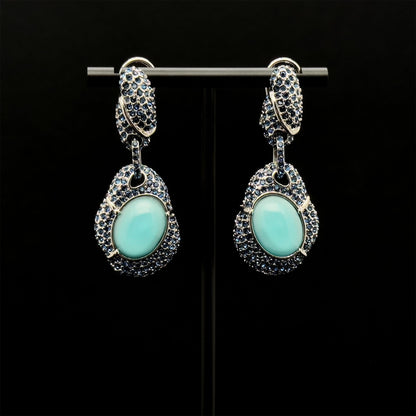Vintage Art Deco Turquoise Dangle Earrings with Rhinestones, Copper