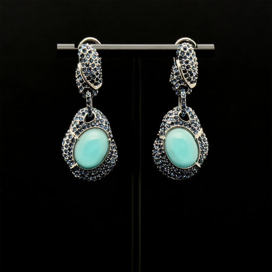 Vintage Art Deco Turquoise Dangle Earrings with Rhinestones, Copper