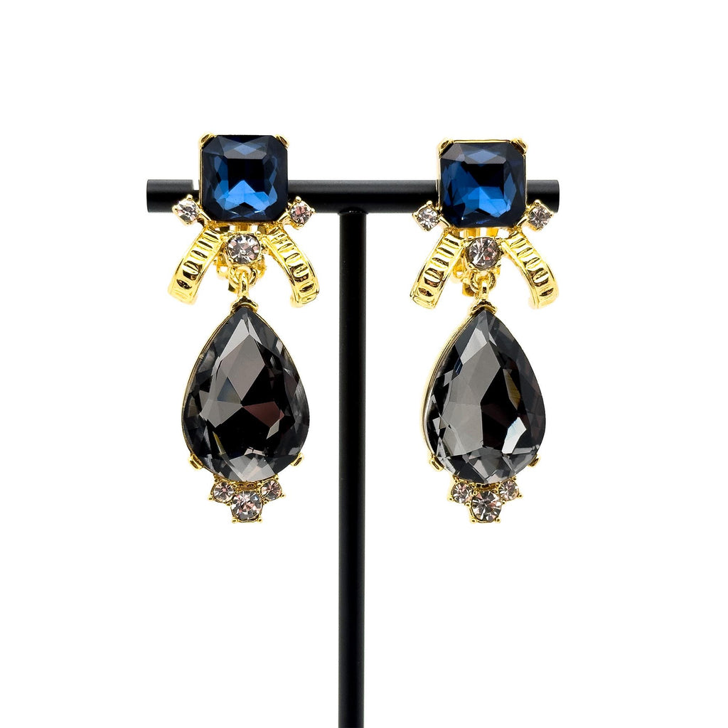 Vintage Art Deco Black Crystal Clip-On Dangle Court Earrings