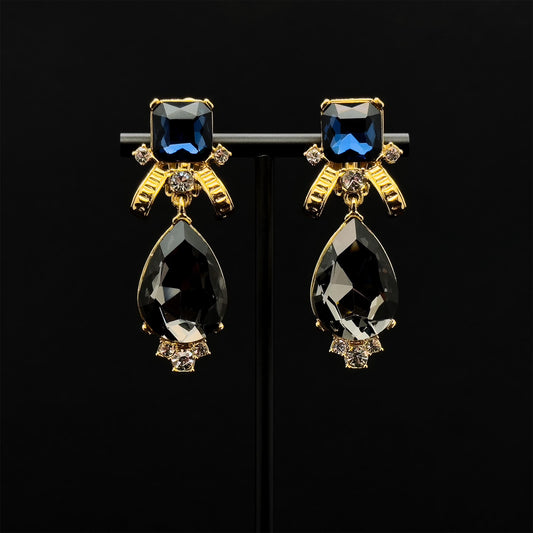 Vintage Art Deco Black Crystal Clip-On Dangle Court Earrings