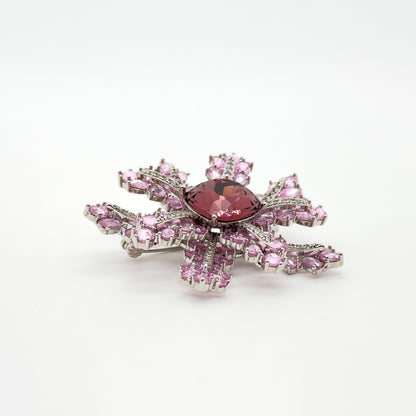 French Sweet Pink Snowflake Crystal Brooch, Copper Zircon Accents