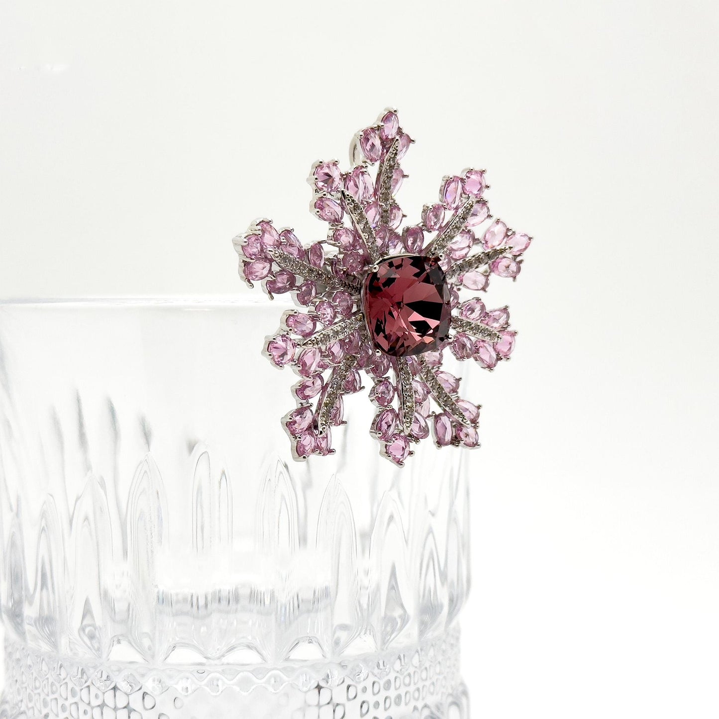 French Sweet Pink Snowflake Crystal Brooch, Copper Zircon Accents