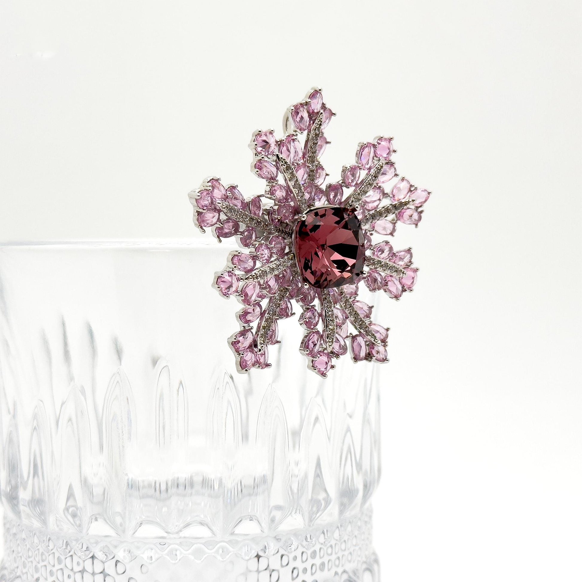 French Sweet Pink Snowflake Crystal Brooch, Copper Zircon Accents