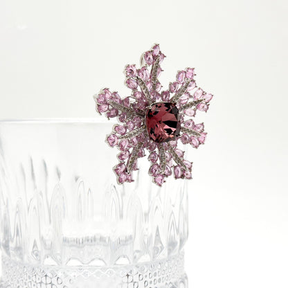 French Sweet Pink Snowflake Crystal Brooch, Copper Zircon Accents