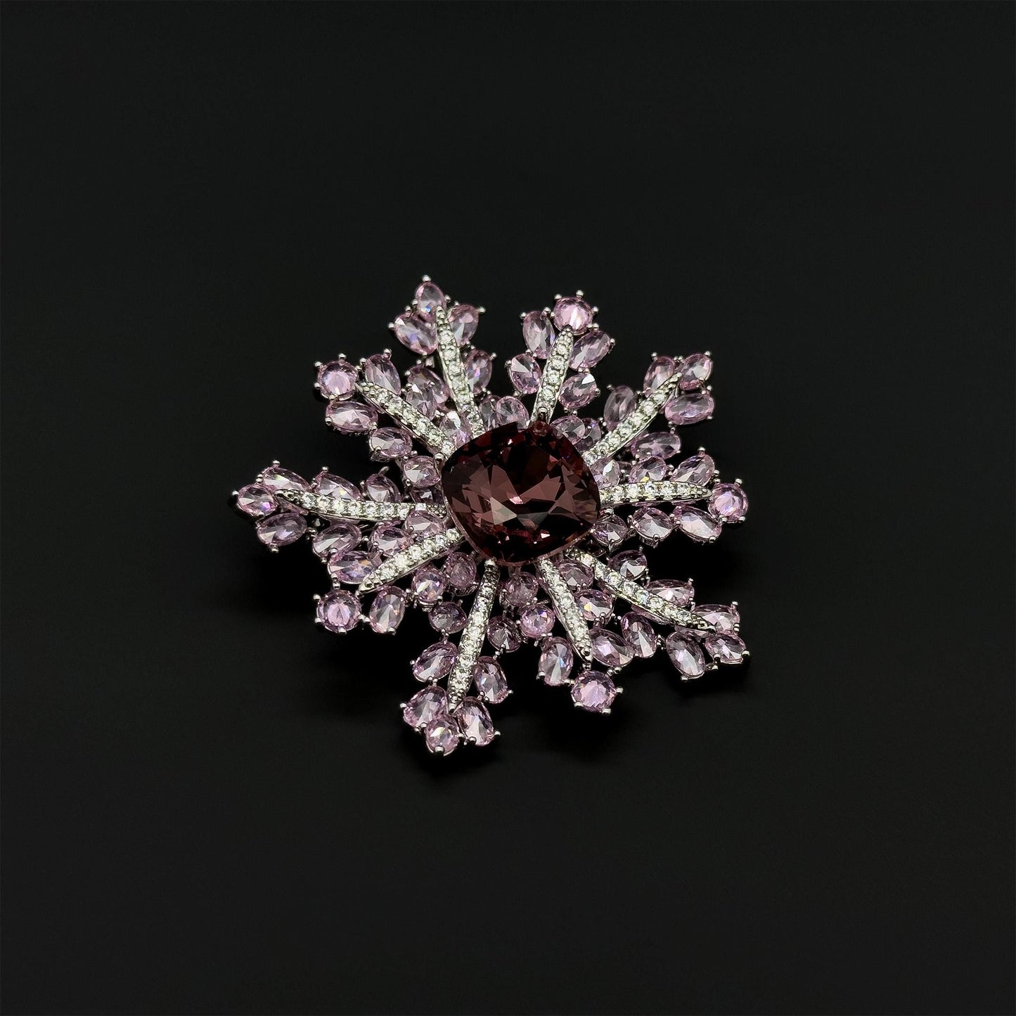 French Sweet Pink Snowflake Crystal Brooch, Copper Zircon Accents