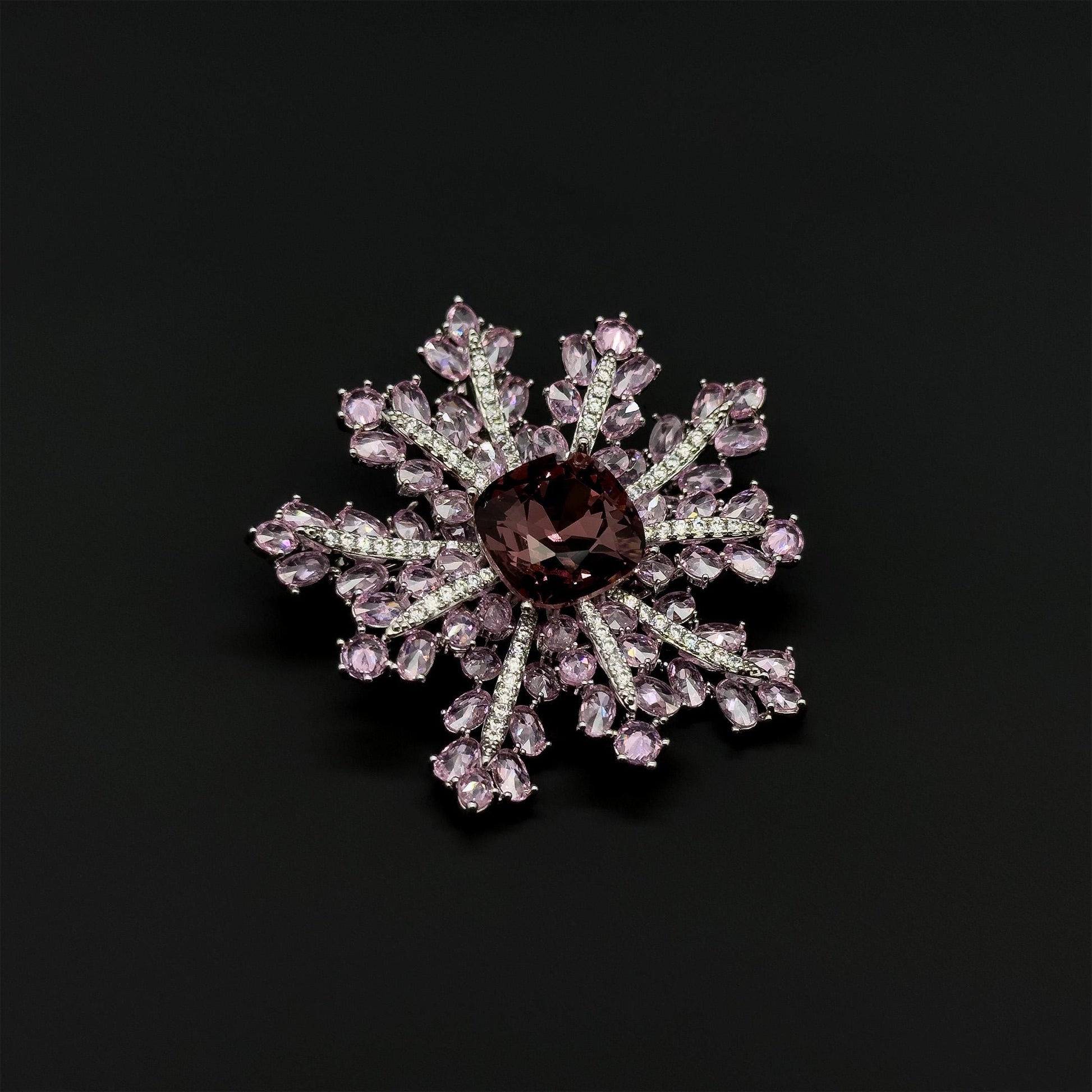 French Sweet Pink Snowflake Crystal Brooch, Copper Zircon Accents