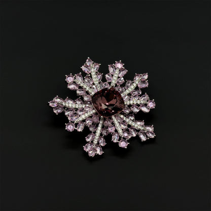 French Sweet Pink Snowflake Crystal Brooch, Copper Zircon Accents