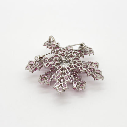 French Sweet Pink Snowflake Crystal Brooch, Copper Zircon Accents