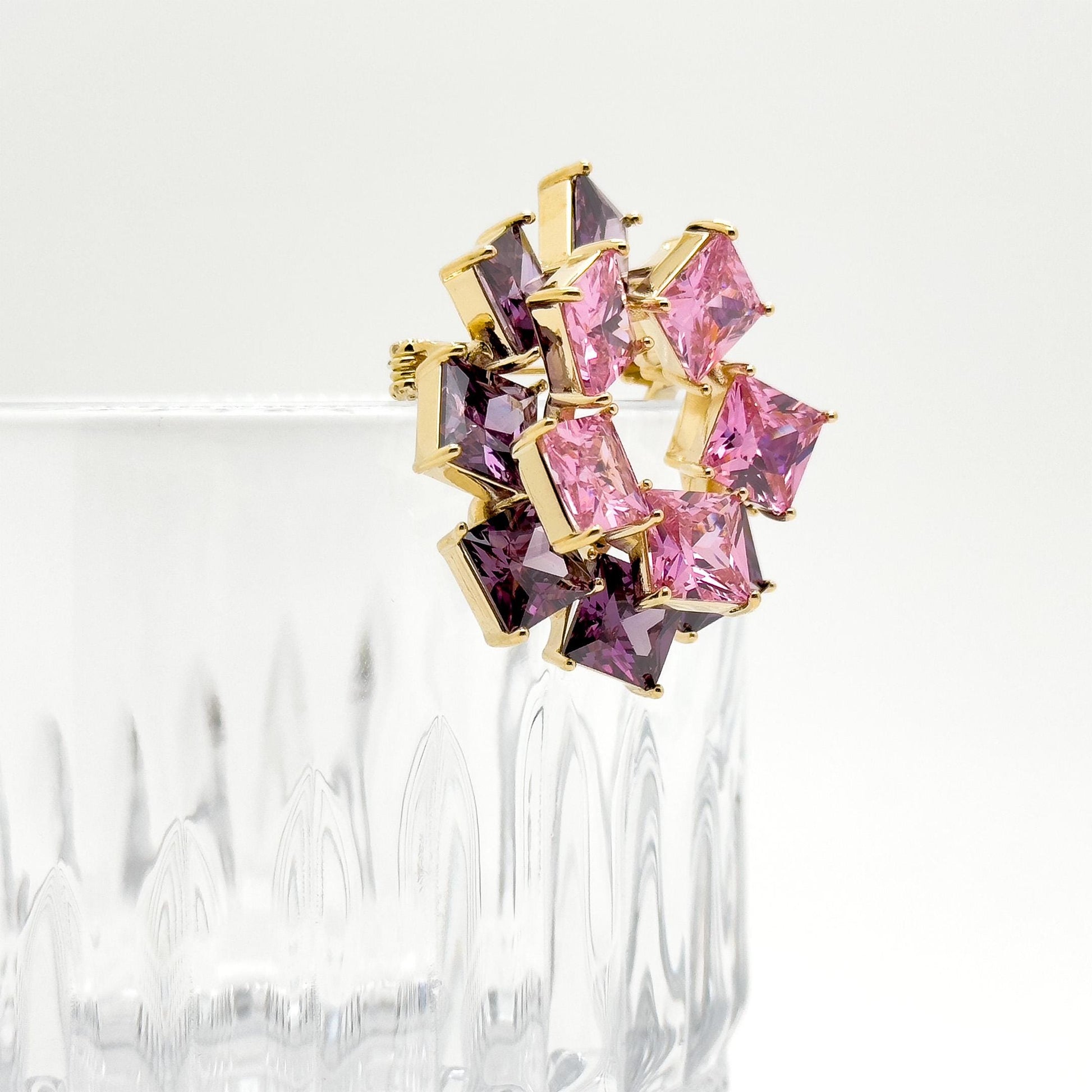 French Pink Ice Cube Brooch with Sparkling Zircon Accent