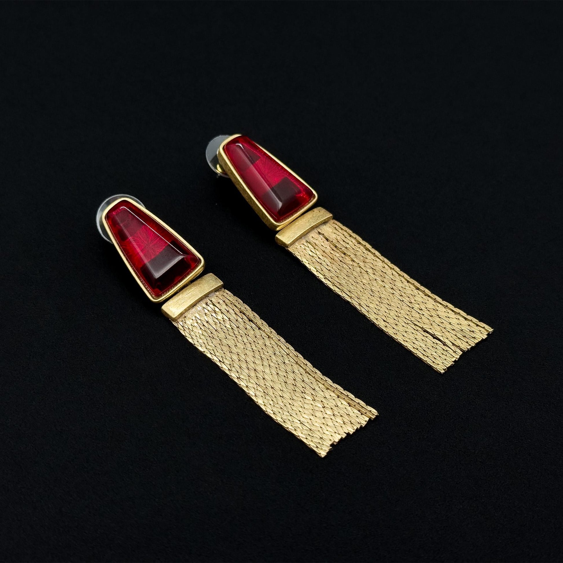 Vintage Art Deco Long Tassel Rhinestone Enamel Drop Earrings