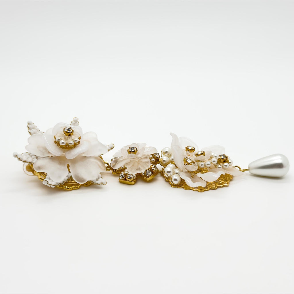 Art Deco Bridal Drop Earrings with White Flower Rhinestones Clip