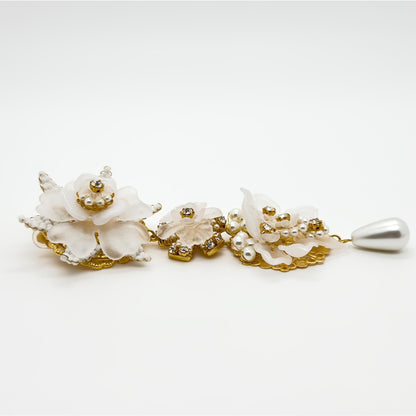 Art Deco Bridal Drop Earrings with White Flower Rhinestones Clip