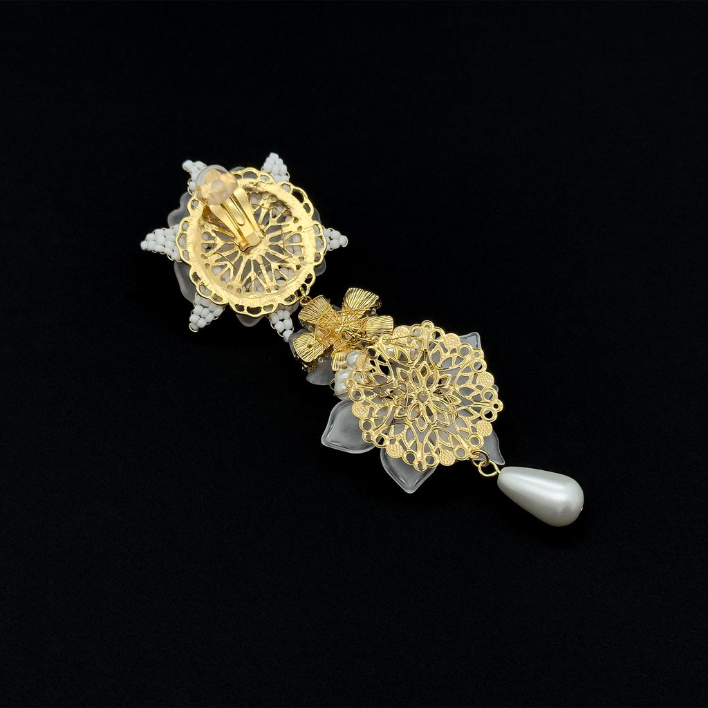 Art Deco Bridal Drop Earrings with White Flower Rhinestones Clip