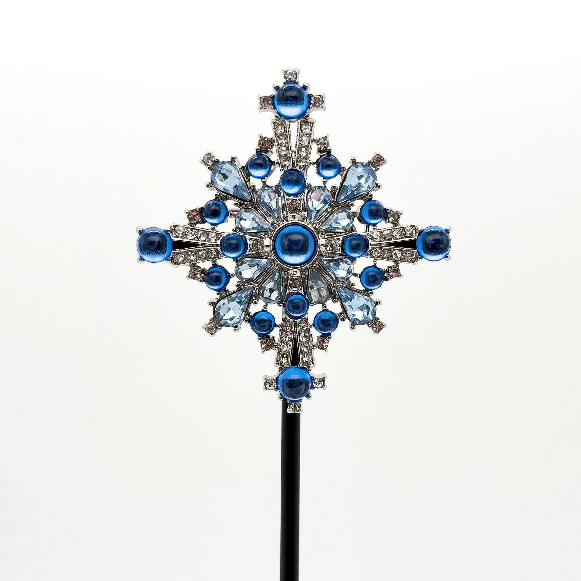 Vintage Art Deco Blue Crystal Cross Brooch, Copper Backing