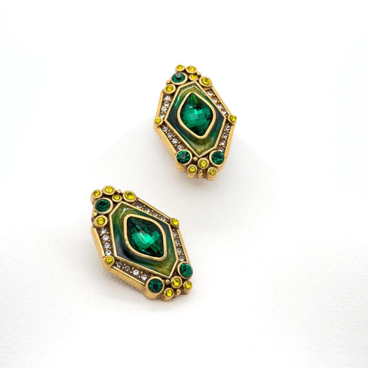 Vintage Art Deco Green Zircon Cameo Court-Style Stud Earrings