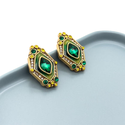 Vintage Art Deco Green Zircon Cameo Court-Style Stud Earrings