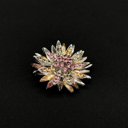 Art Deco Sunflower Crystal Brooch – 3D Vintage Copper Pin