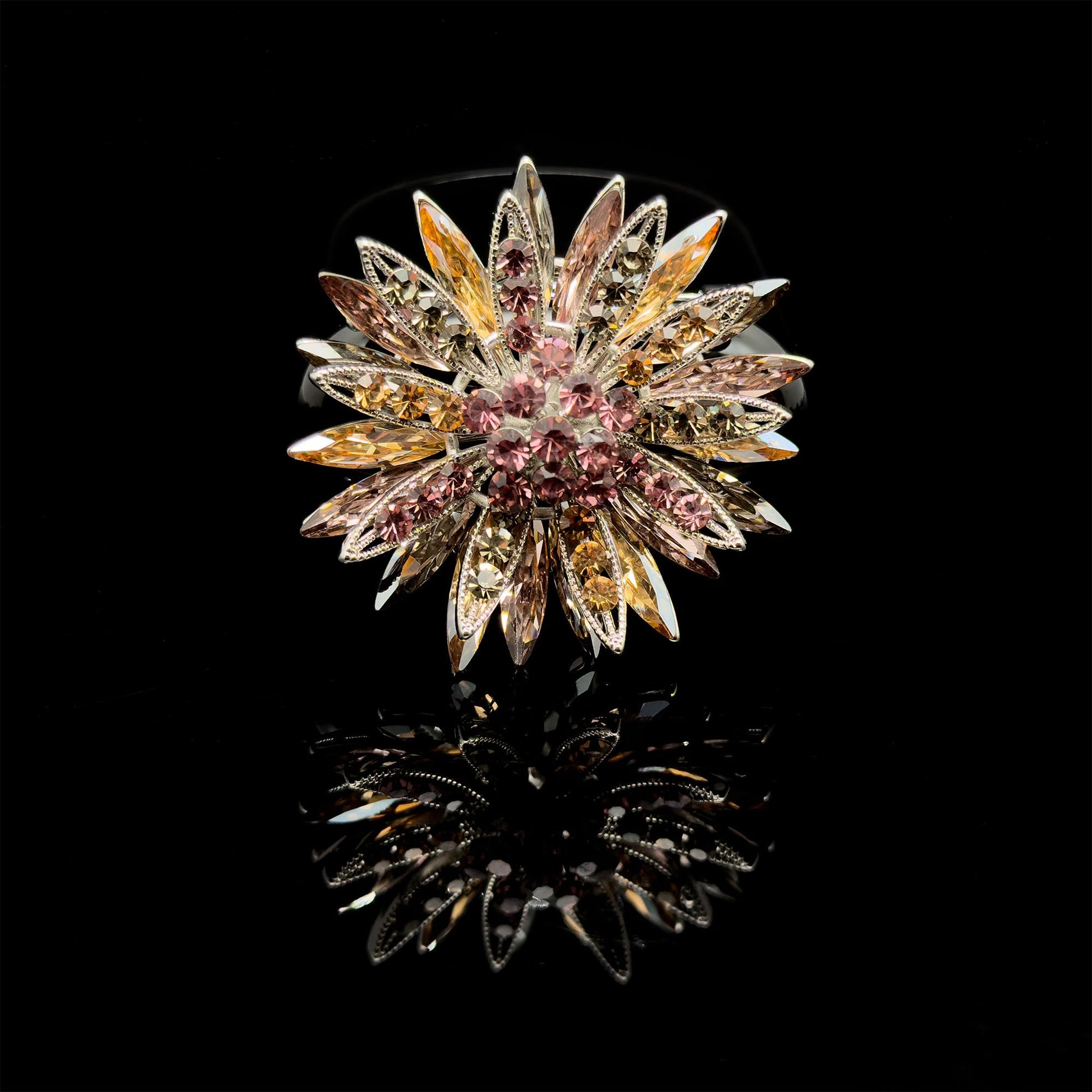 Art Deco Sunflower Crystal Brooch – 3D Vintage Copper Pin
