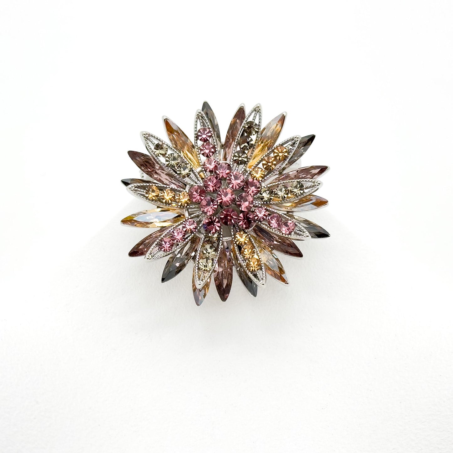 Art Deco Sunflower Crystal Brooch – 3D Vintage Copper Pin
