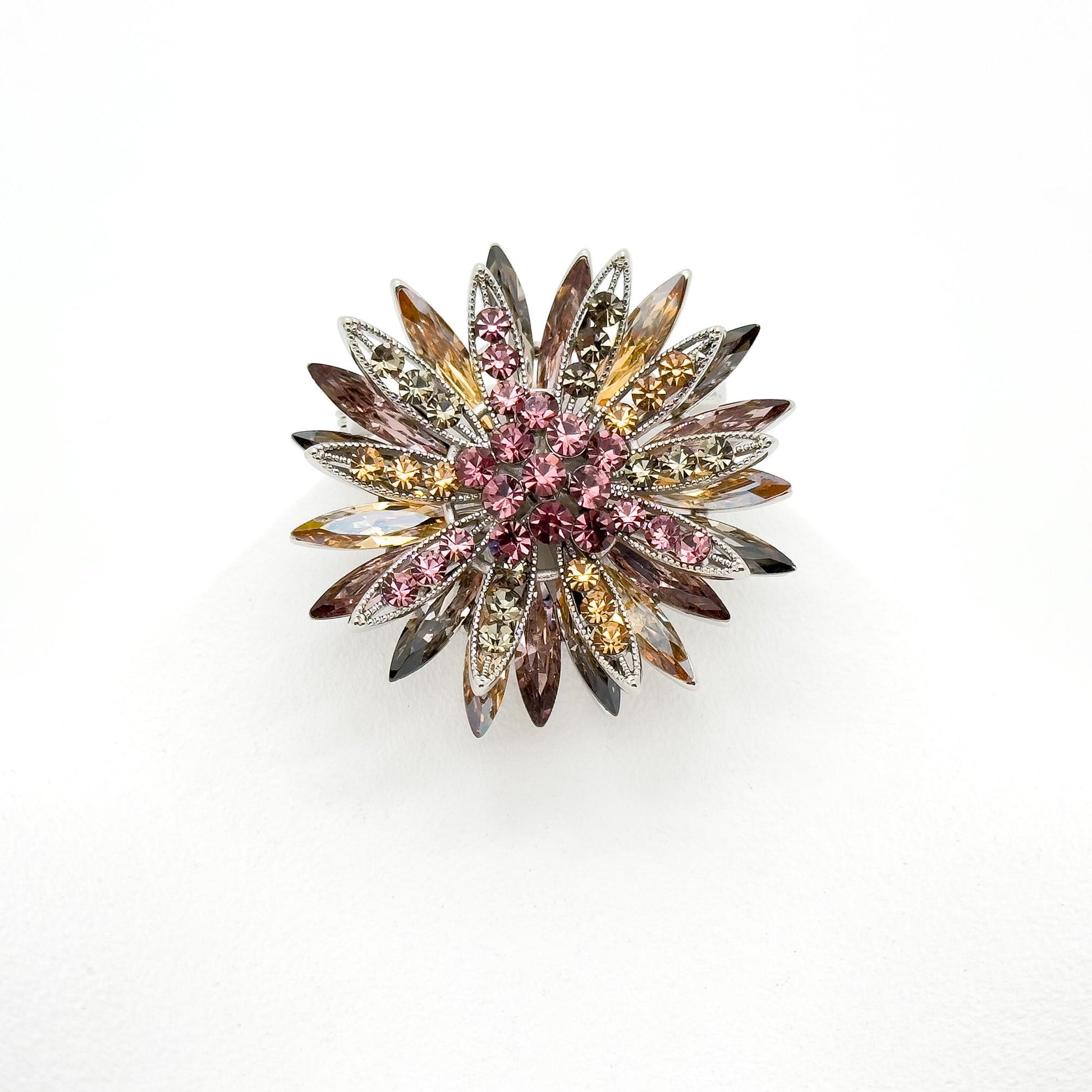 Art Deco Sunflower Crystal Brooch – 3D Vintage Copper Pin