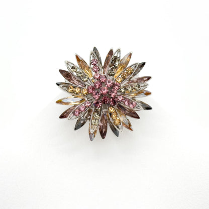 Art Deco Sunflower Crystal Brooch – 3D Vintage Copper Pin