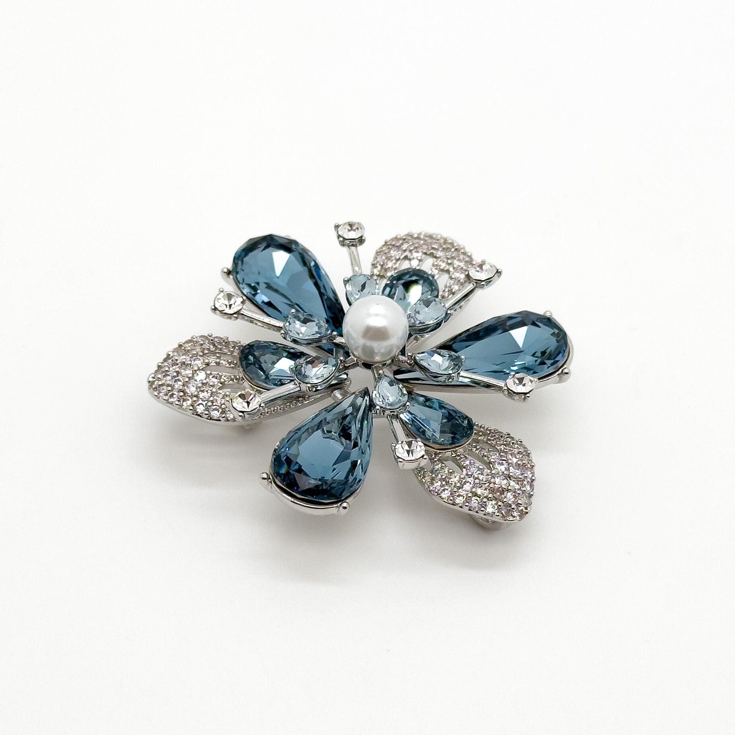 Vintage Art Deco Blue Crystal Flower Brooch, Gold-Plated Pin