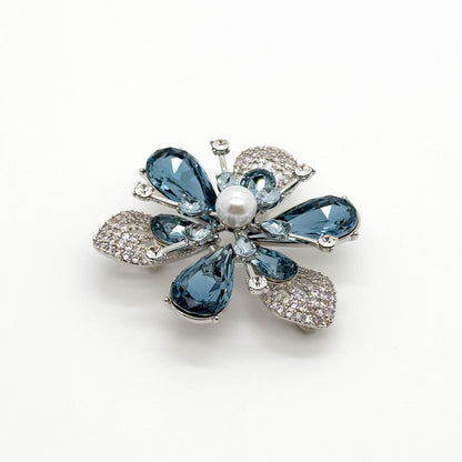 Vintage Art Deco Blue Crystal Flower Brooch, Gold-Plated Pin