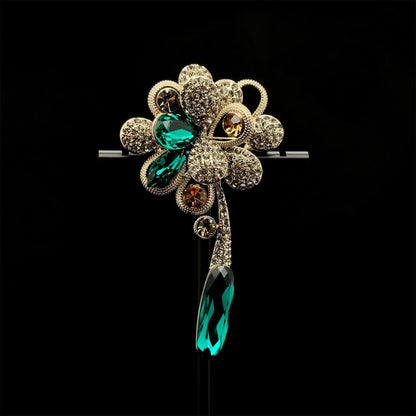 Vintage Art Deco Floral Tassel Brooch with Zircon and Crystal