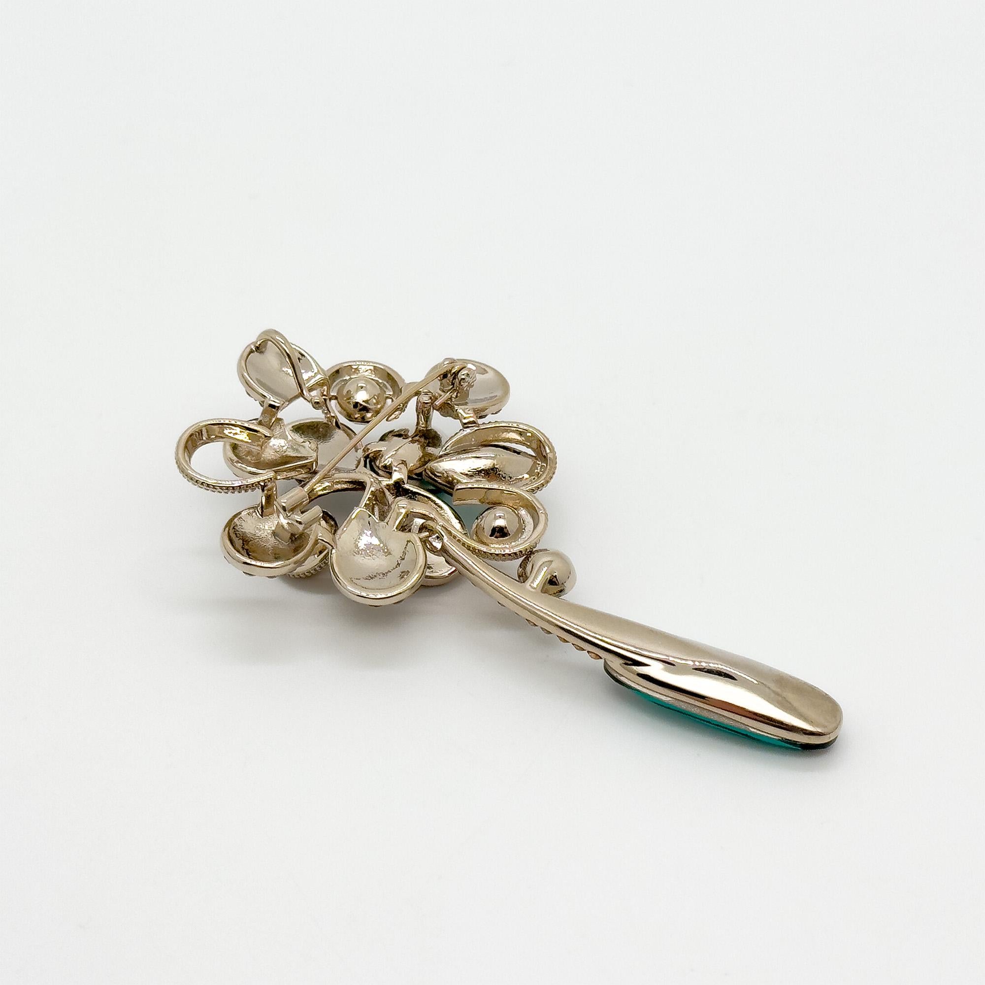 Vintage Art Deco Floral Tassel Brooch with Zircon and Crystal