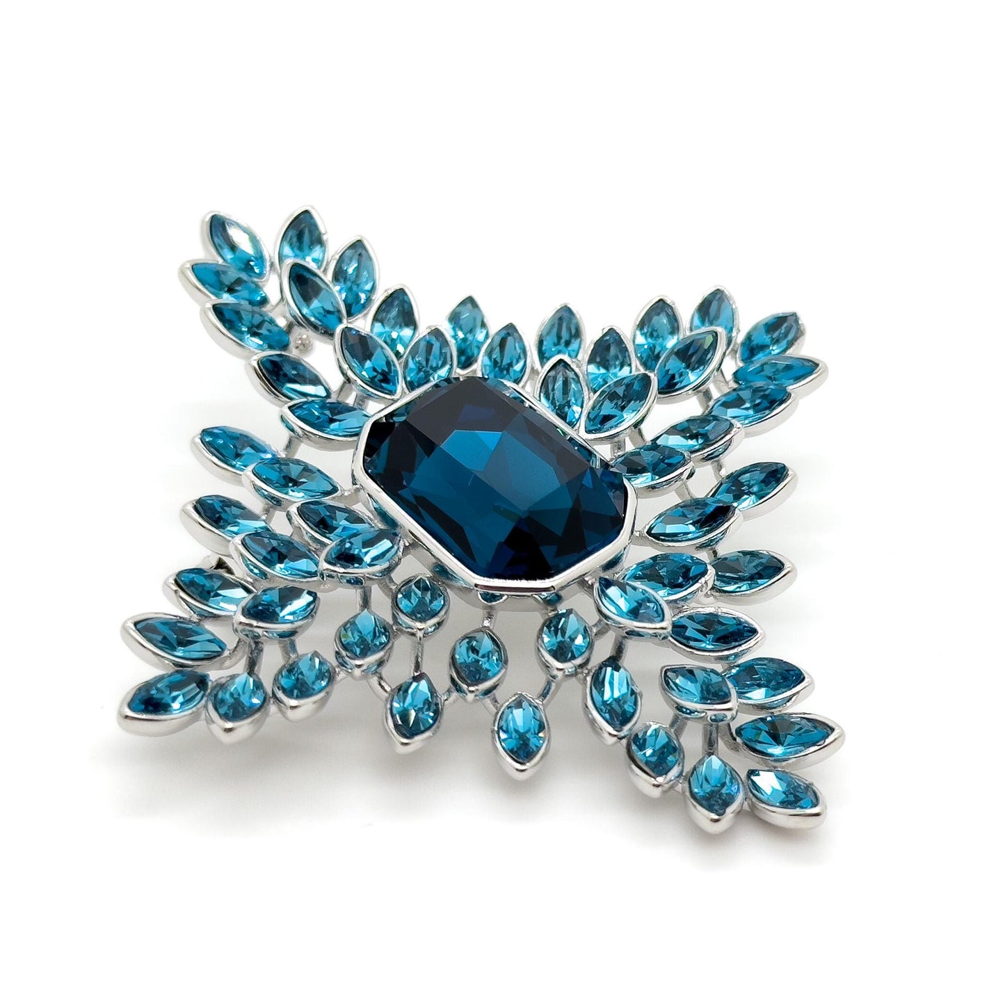 Art Deco Vintage Leaf Brooch Blue Crystal Copper Statement Pin