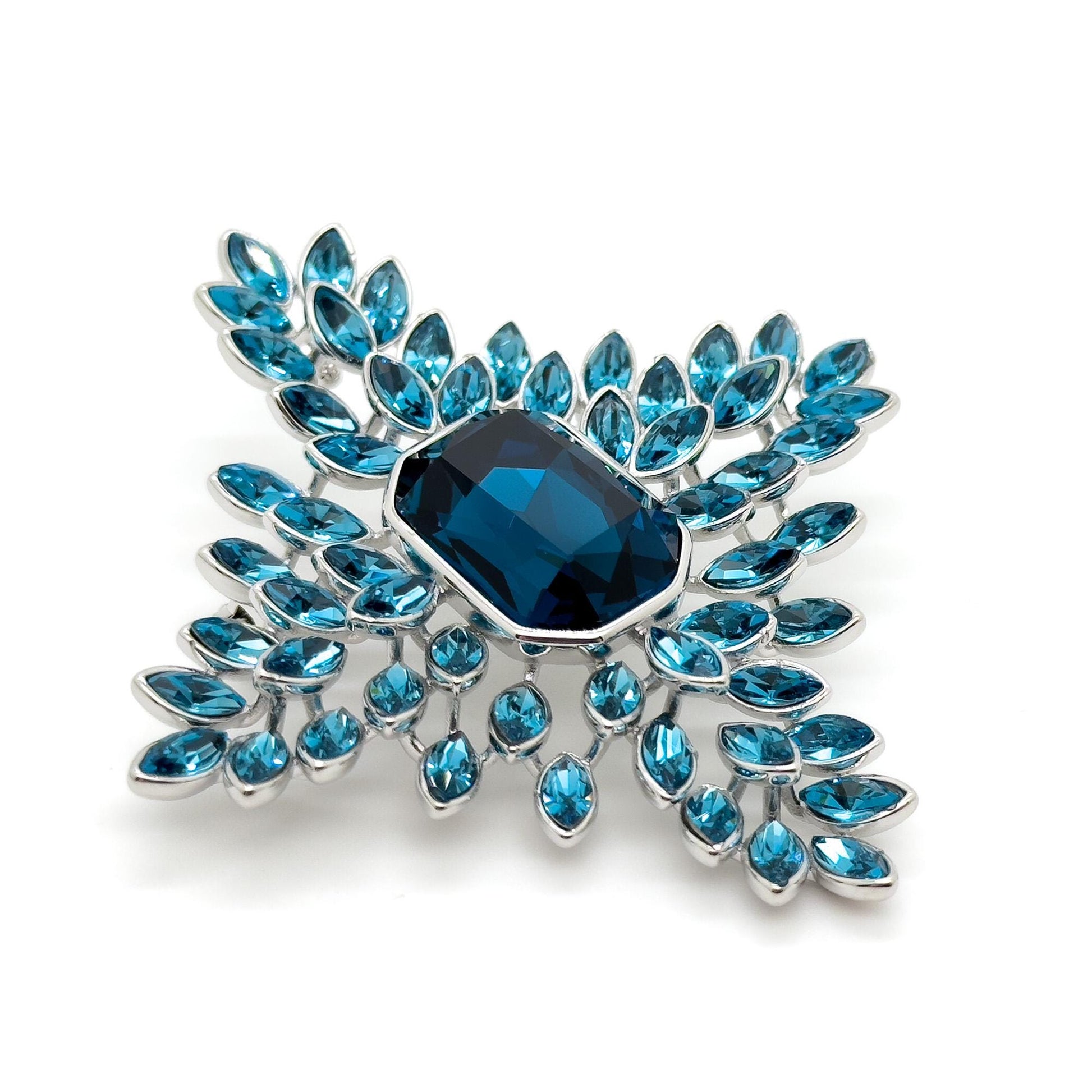 Art Deco Vintage Leaf Brooch Blue Crystal Copper Statement Pin