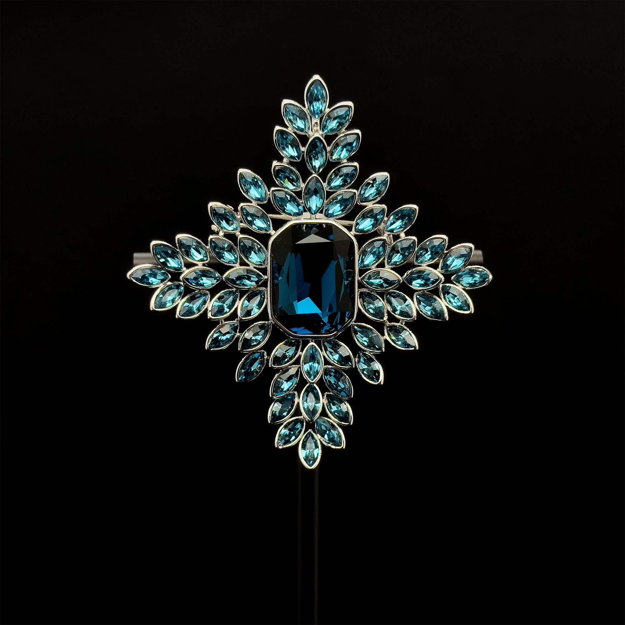 Art Deco Vintage Leaf Brooch Blue Crystal Copper Statement Pin