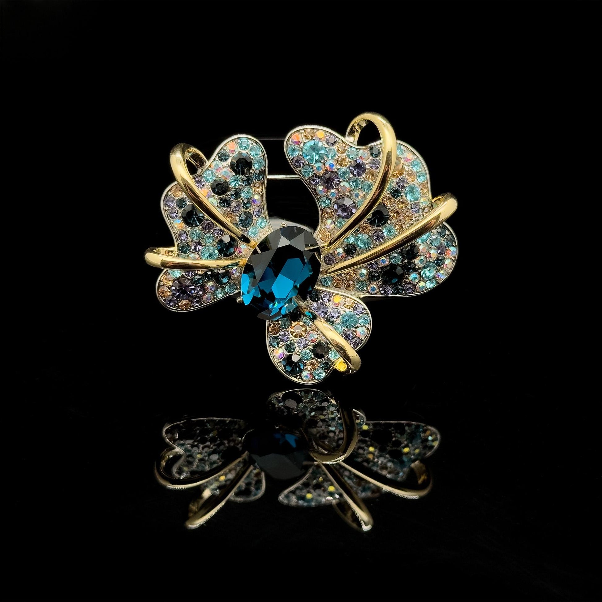 Vintage Art Deco Iris Brooch Copper Zircon Glass Court