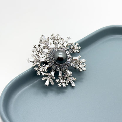 Art Deco Snowflake Brooch Zircon Pearl Copper Vintage French Pin