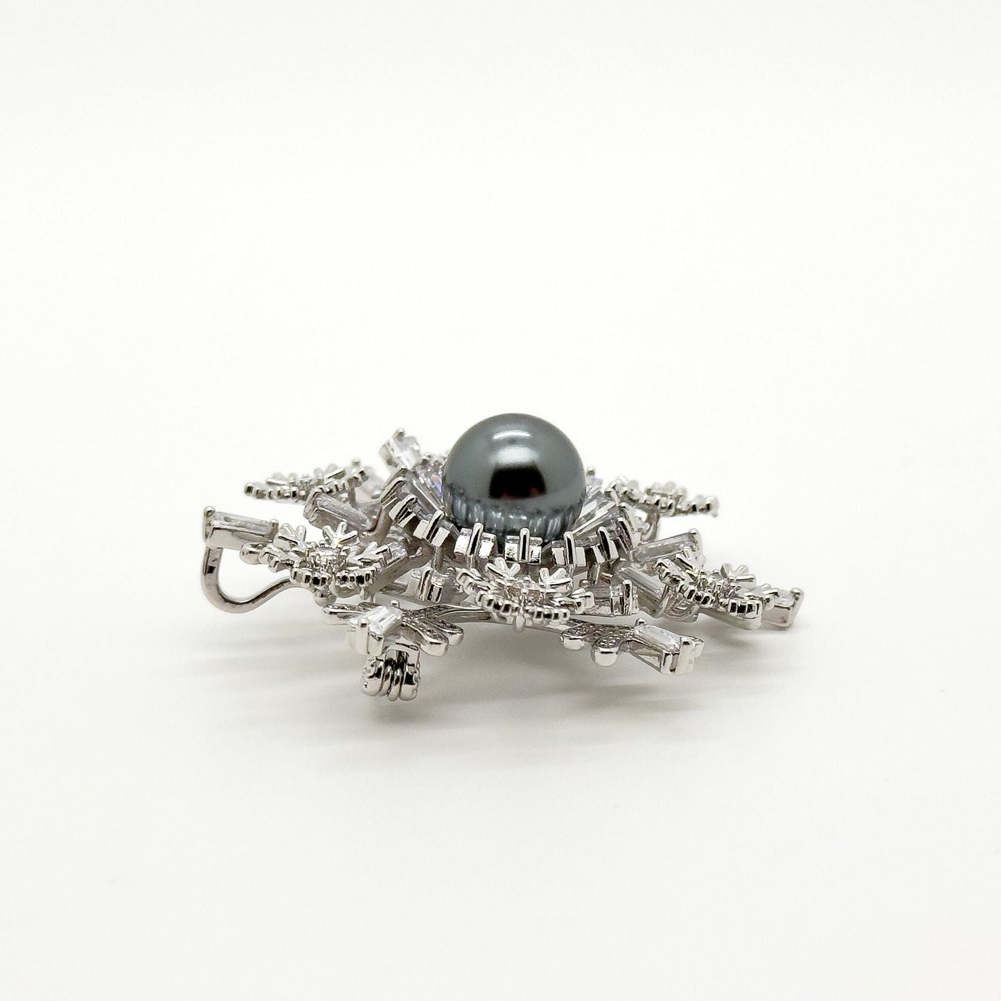 Art Deco Snowflake Brooch Zircon Pearl Copper Vintage French Pin