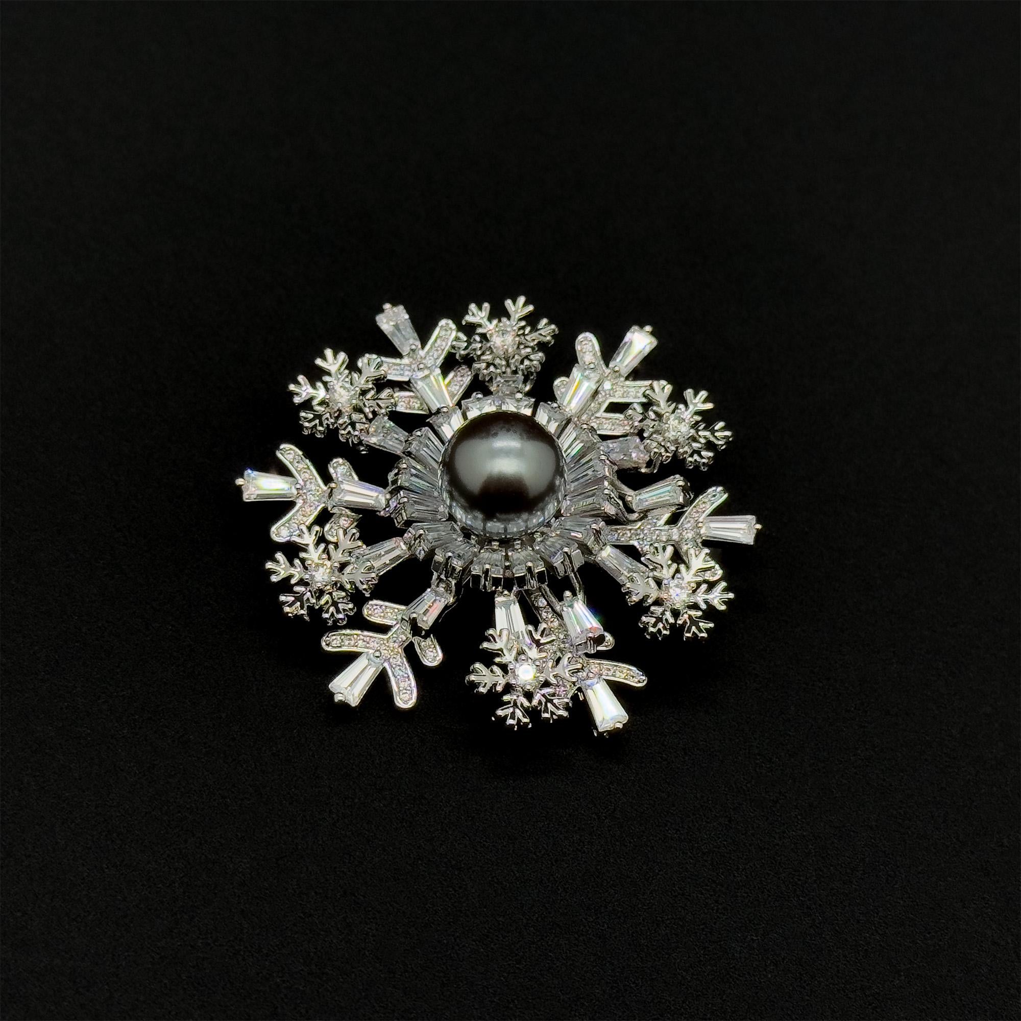 Art Deco Snowflake Brooch Zircon Pearl Copper Vintage French Pin
