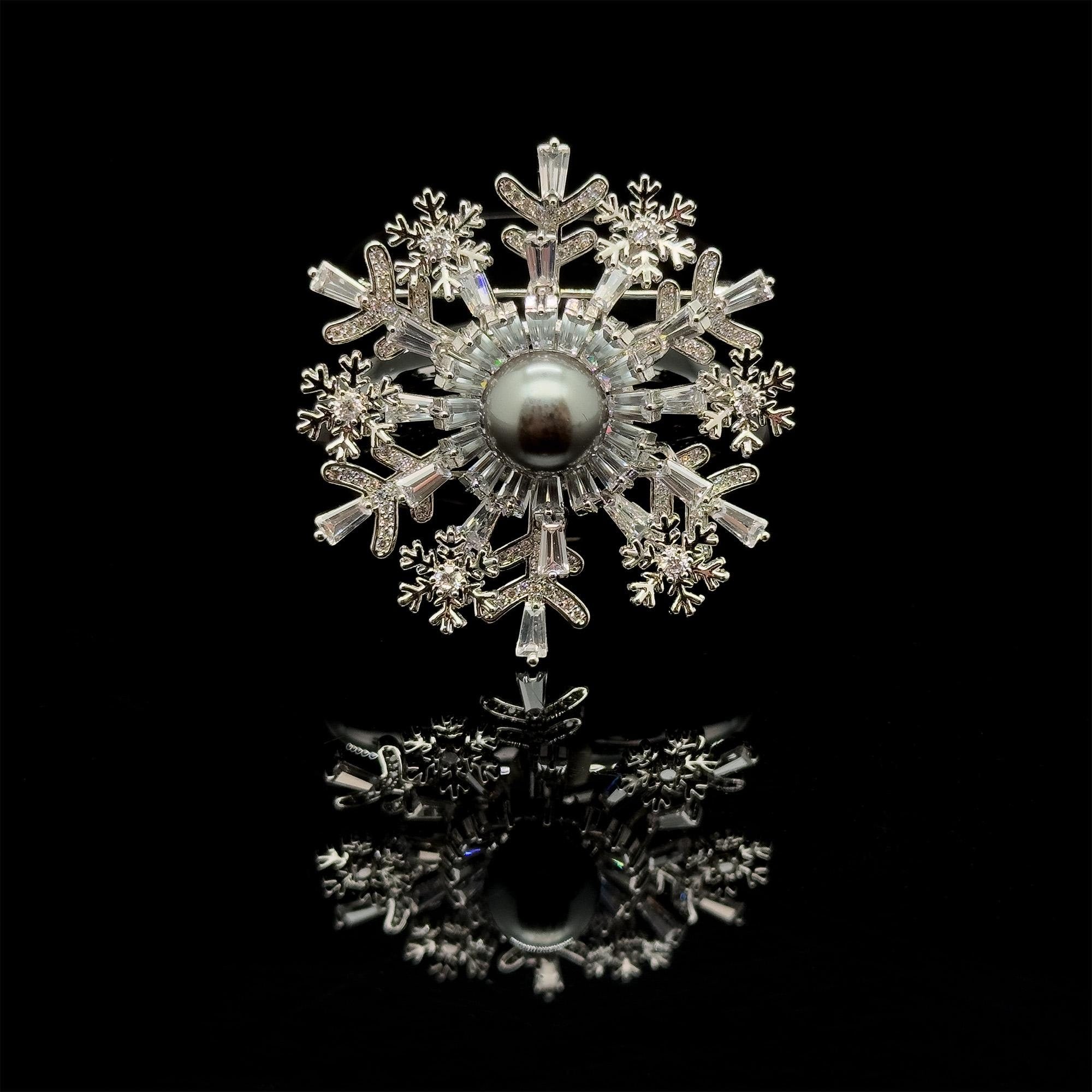 Art Deco Snowflake Brooch Zircon Pearl Copper Vintage French Pin