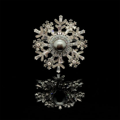 Art Deco Snowflake Brooch Zircon Pearl Copper Vintage French Pin