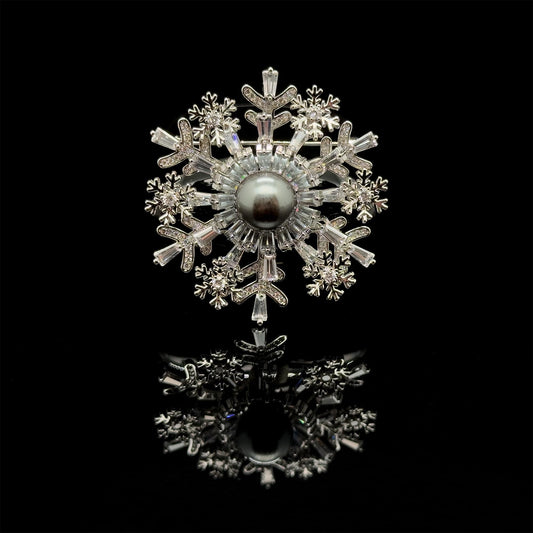 Art Deco Snowflake Brooch Zircon Pearl Copper Vintage French Pin
