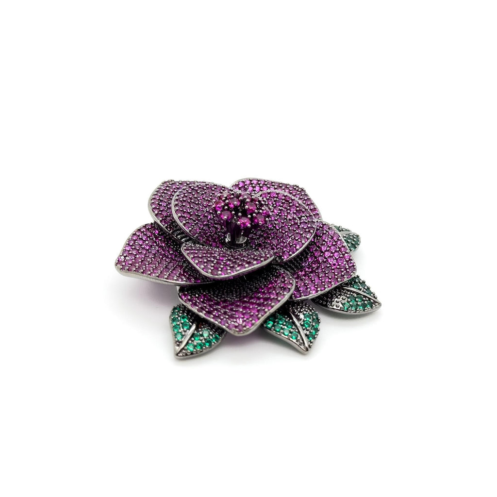 Art Deco Rose Brooch 3D Flower Purple Zircon Copper Brooch