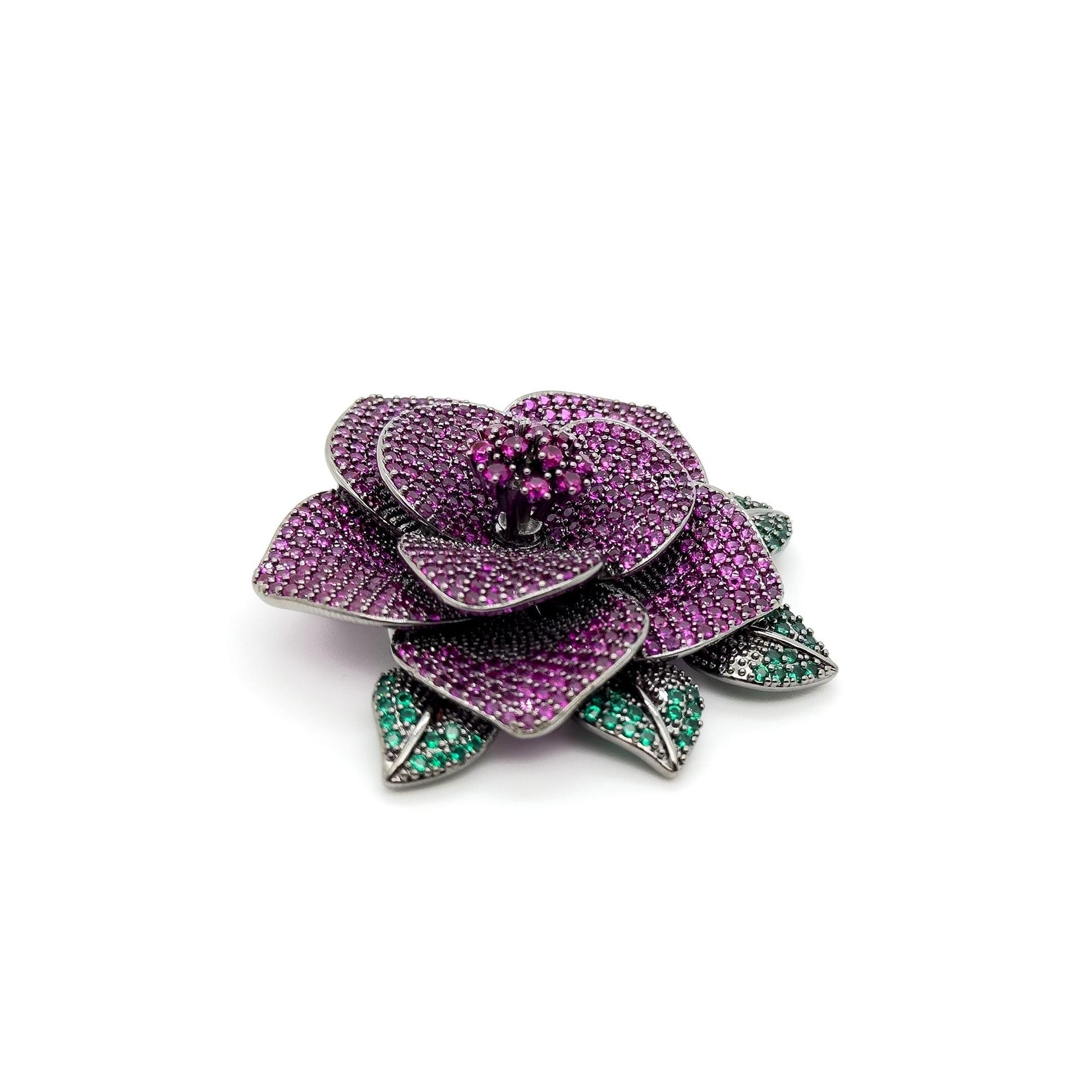 Art Deco Rose Brooch 3D Flower Purple Zircon Copper Brooch