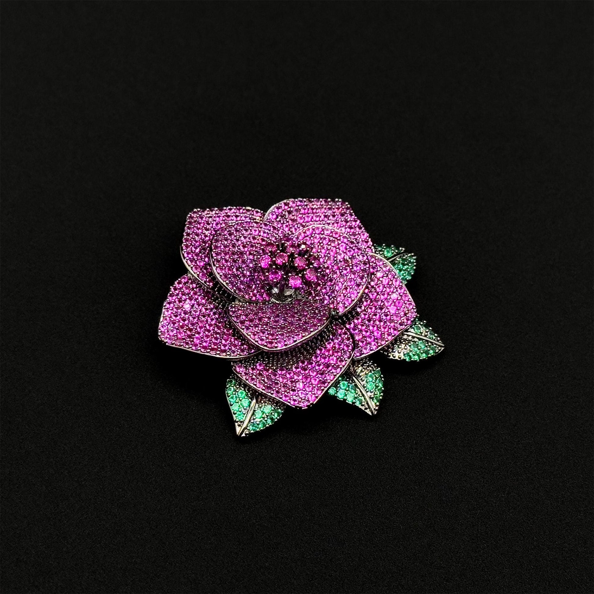 Art Deco Rose Brooch 3D Flower Purple Zircon Copper Brooch