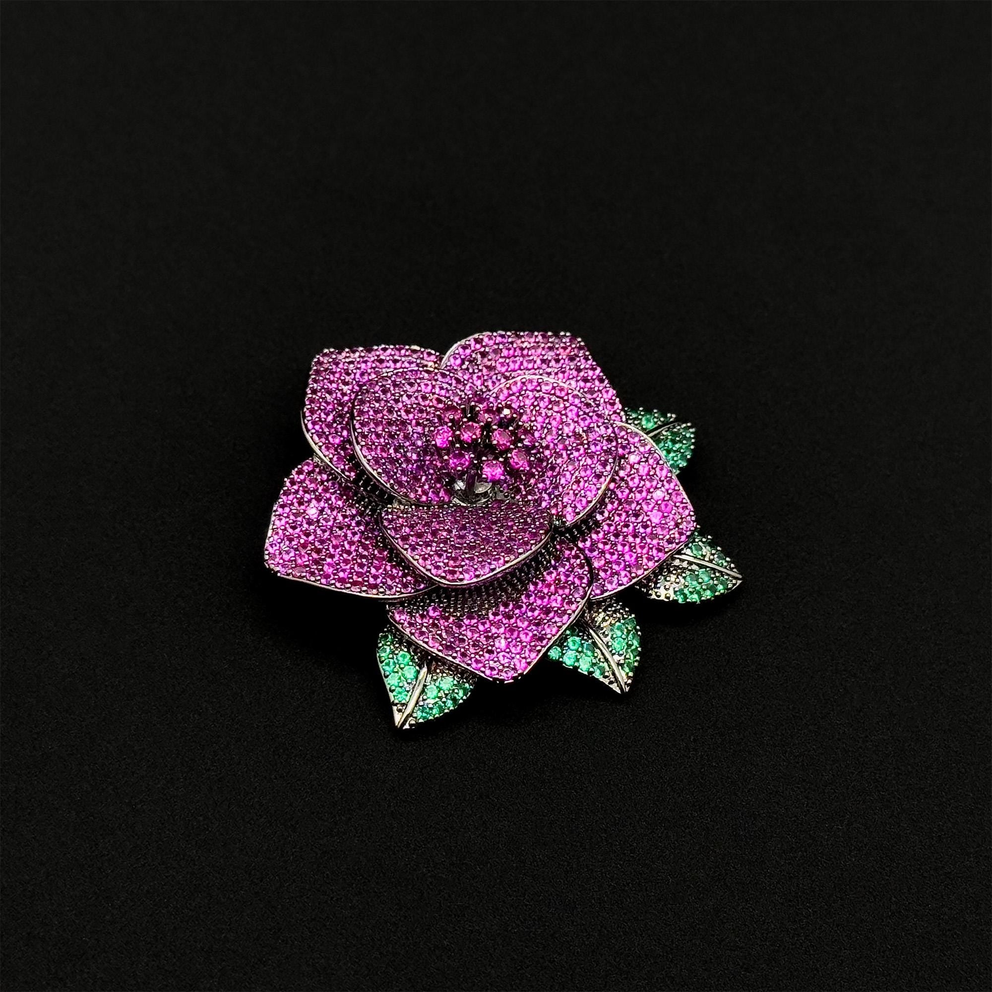 Art Deco Rose Brooch 3D Flower Purple Zircon Copper Brooch