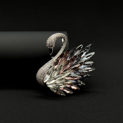 French Vintage Crystal Swan Brooch with Zircon Pearl Accents