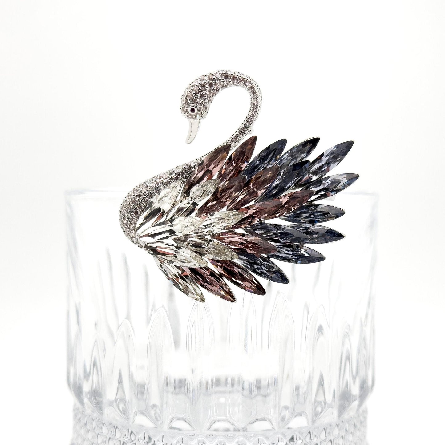 French Vintage Crystal Swan Brooch with Zircon Pearl Accents