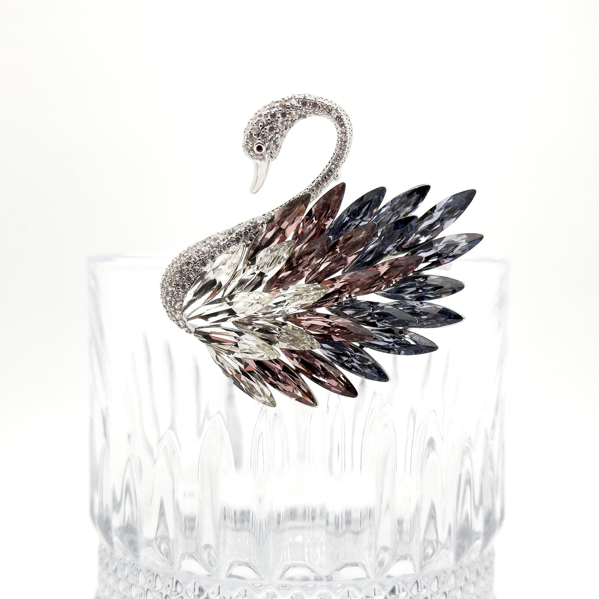 French Vintage Crystal Swan Brooch with Zircon Pearl Accents