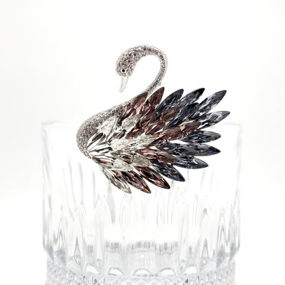 French Vintage Crystal Swan Brooch with Zircon Pearl Accents